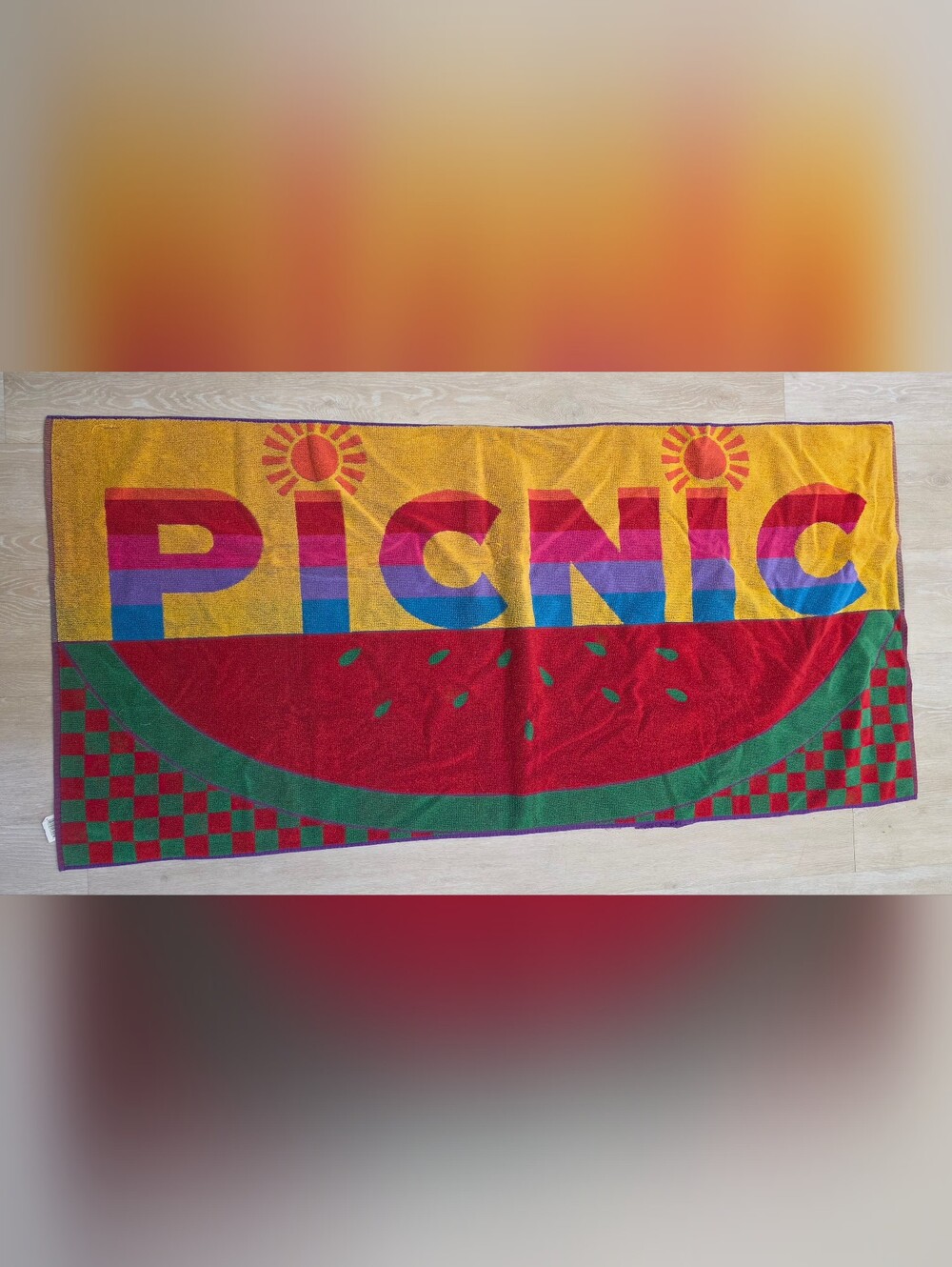 Vintage Atlantis Beach Towel Rainbow Picnic Cruise Vacay Holiday Retro Pool